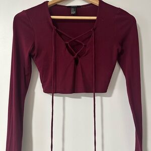 Women's Burgundy Long Sleeve Crop Top